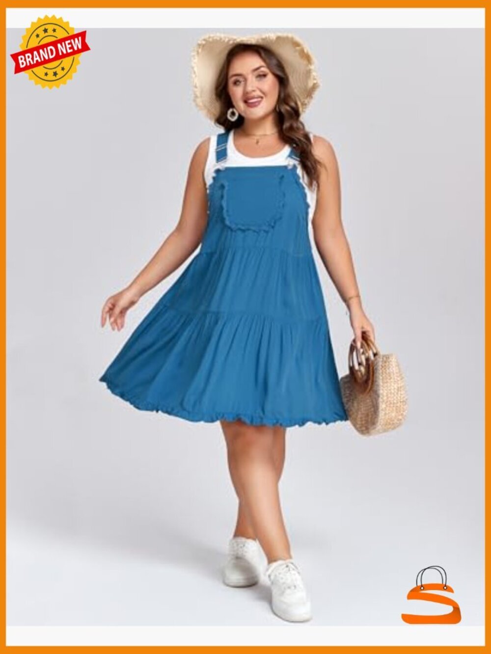 Plus Size Overall Dress Adjustable Straps Lace Trim Tiered Mini Dress with - Picture 5 of 6
